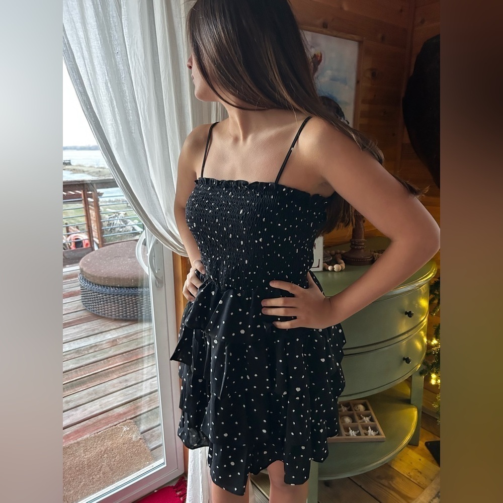 She and Sky black dress adorned with delicate white polka dots, size M - Picture 2 of 11
